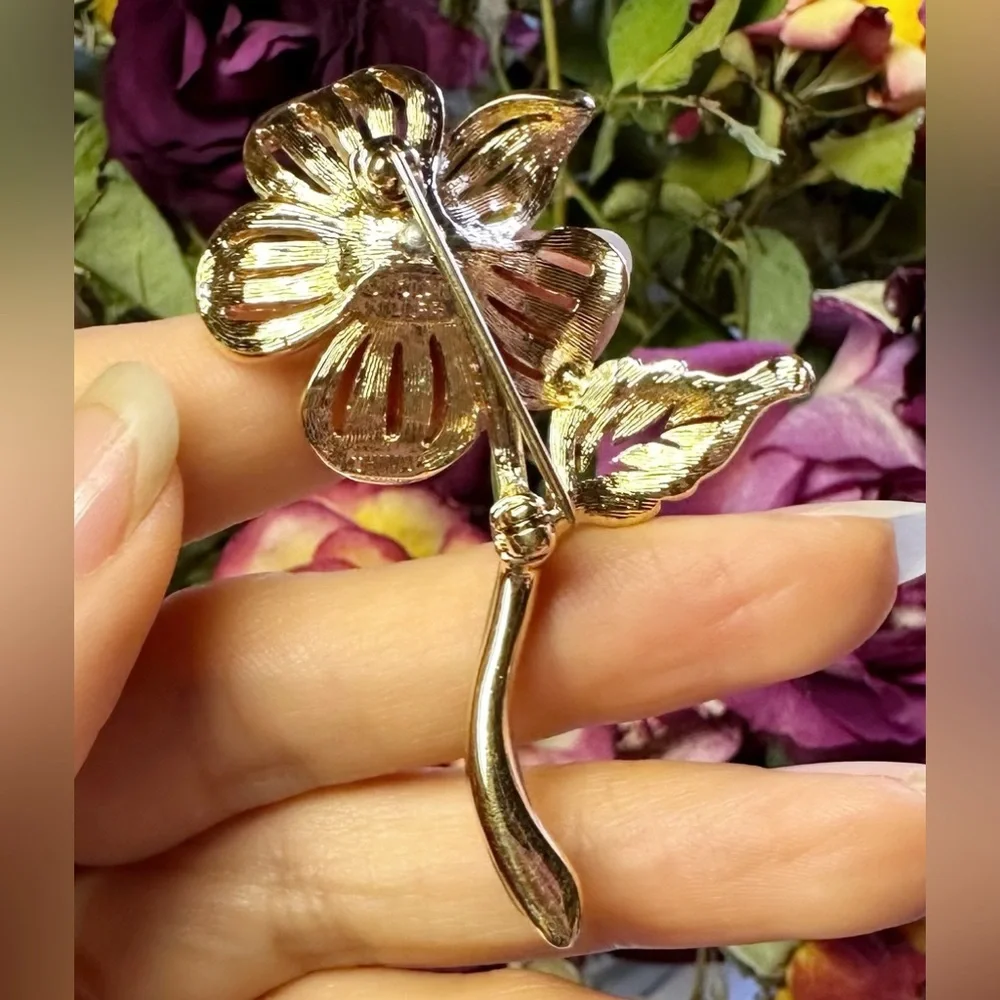 1980s Nolan Miller Peach Enameled & Rhinestone Floral Brooch